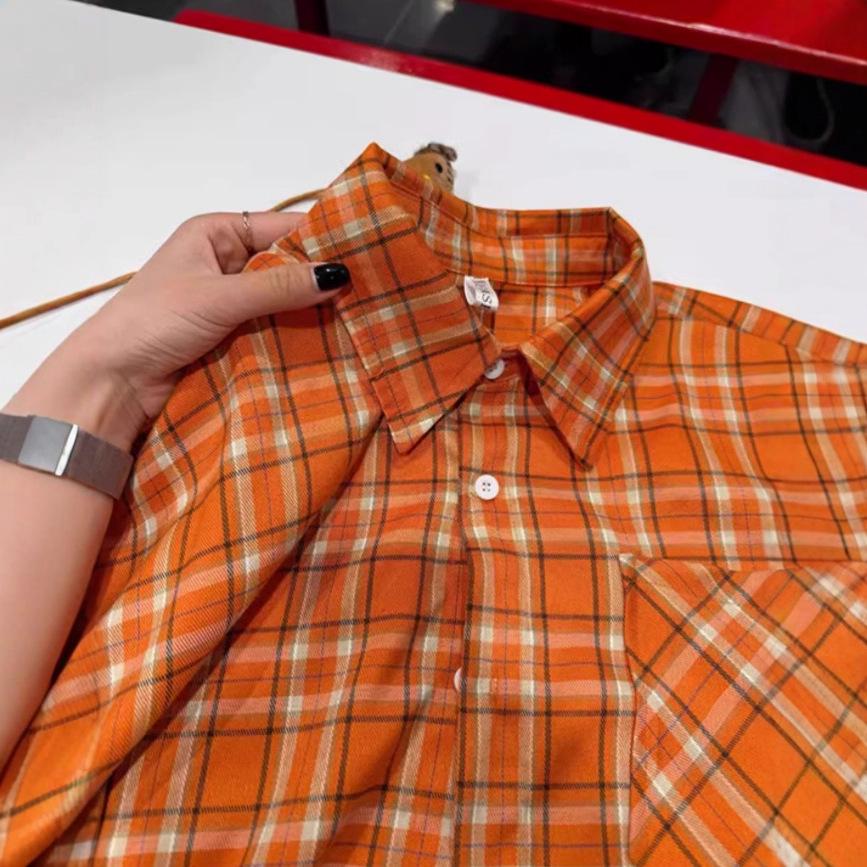 Women's Retro Orange Plaid Long Sleeve Shirt - Loose Casual Autumn/Spring Sun Protection, Couple-Friendly Design