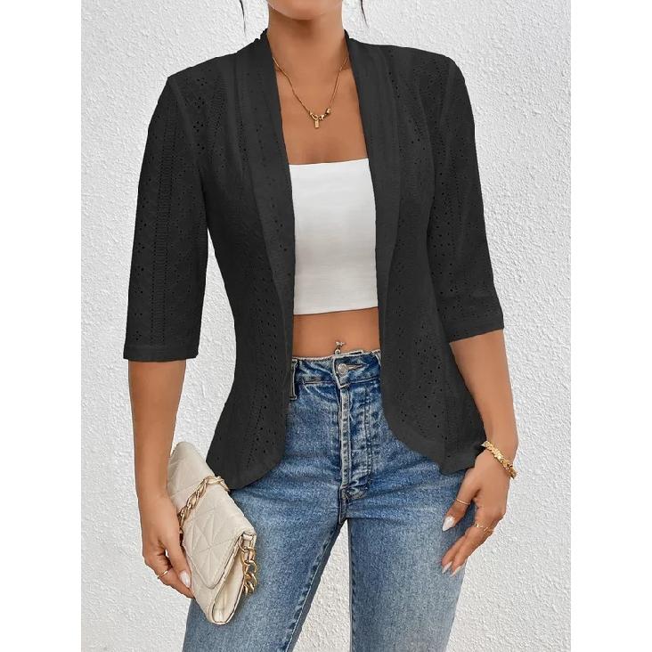 Fashionable Four-Season Casual Commute Hollow out Solid Open Front Jacket Outerwear for Everyday Use