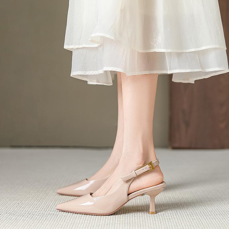 6832-68 Spring and Summer New Buckle with Bag Head Sandals Nude Pointed Thin Heel Light Mouth High Heel Bag Head Single Shoes Women