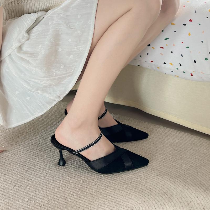2024 Elegant Shallow Pointed Toe Mules Slippers Women Fashion Buckle Strap Thin Heels Outdoor Party Summer Shoes