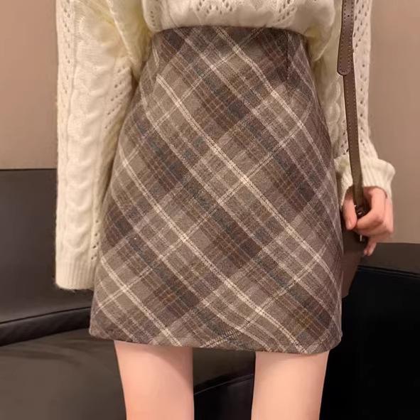 Women's High-Waist Plaid Wool A-Line Midi Skirt for Autumn/Winter
