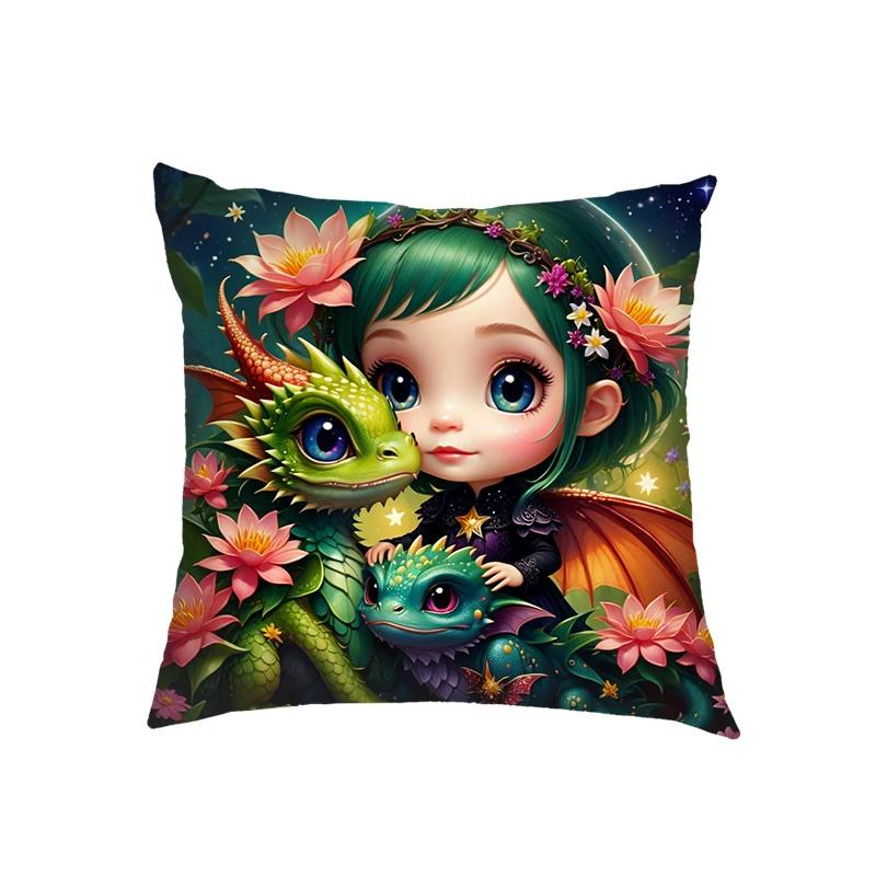 Niedliche Drachenbaby Kissenbezüge Fantasy Elfenmädchen Kissenbezüge Heimdekoration Schlafzimmer Büro Kissenbezug Zierkissenbezug Geschenk