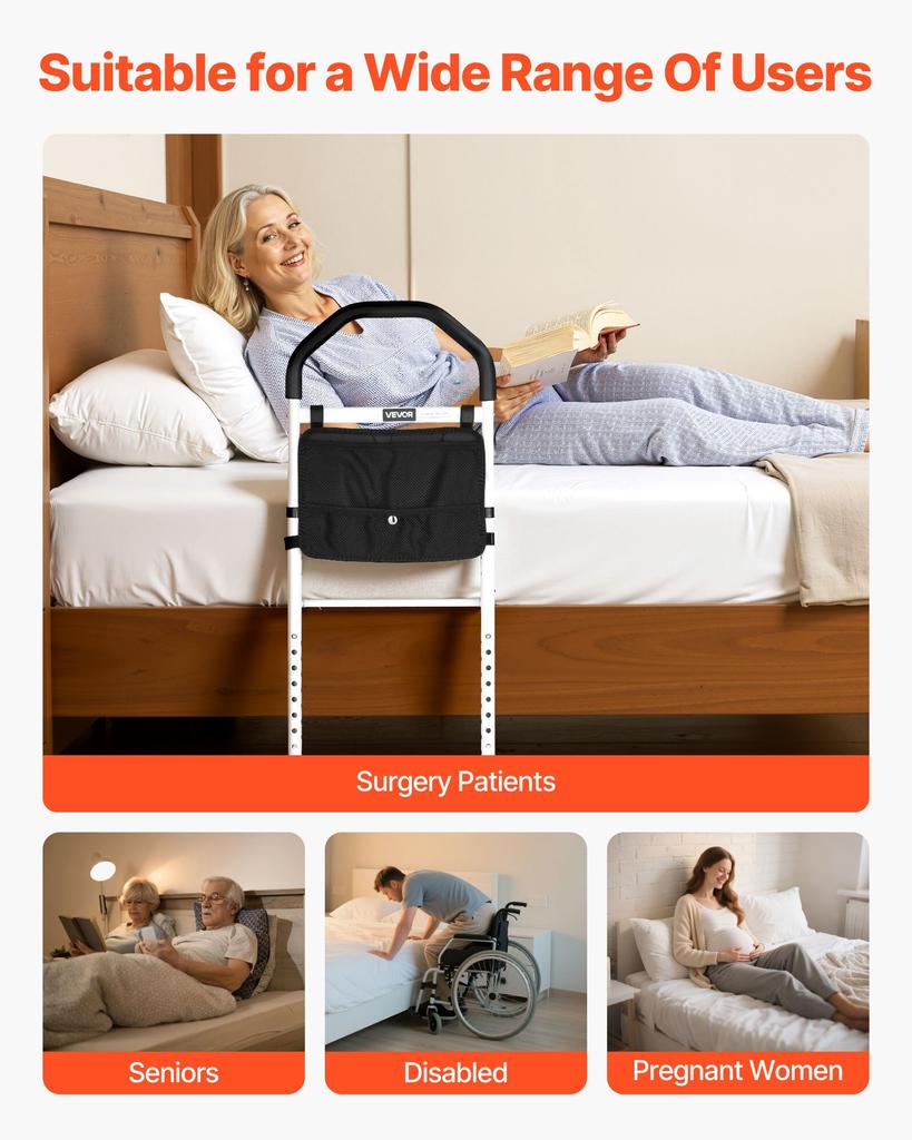 VEVOR Bed Rail for Elderly, Bedside Assist Rails with Supporting Leg and PU Handrail, Adjustable Height Carbon Steel Pipe Bedside Cane