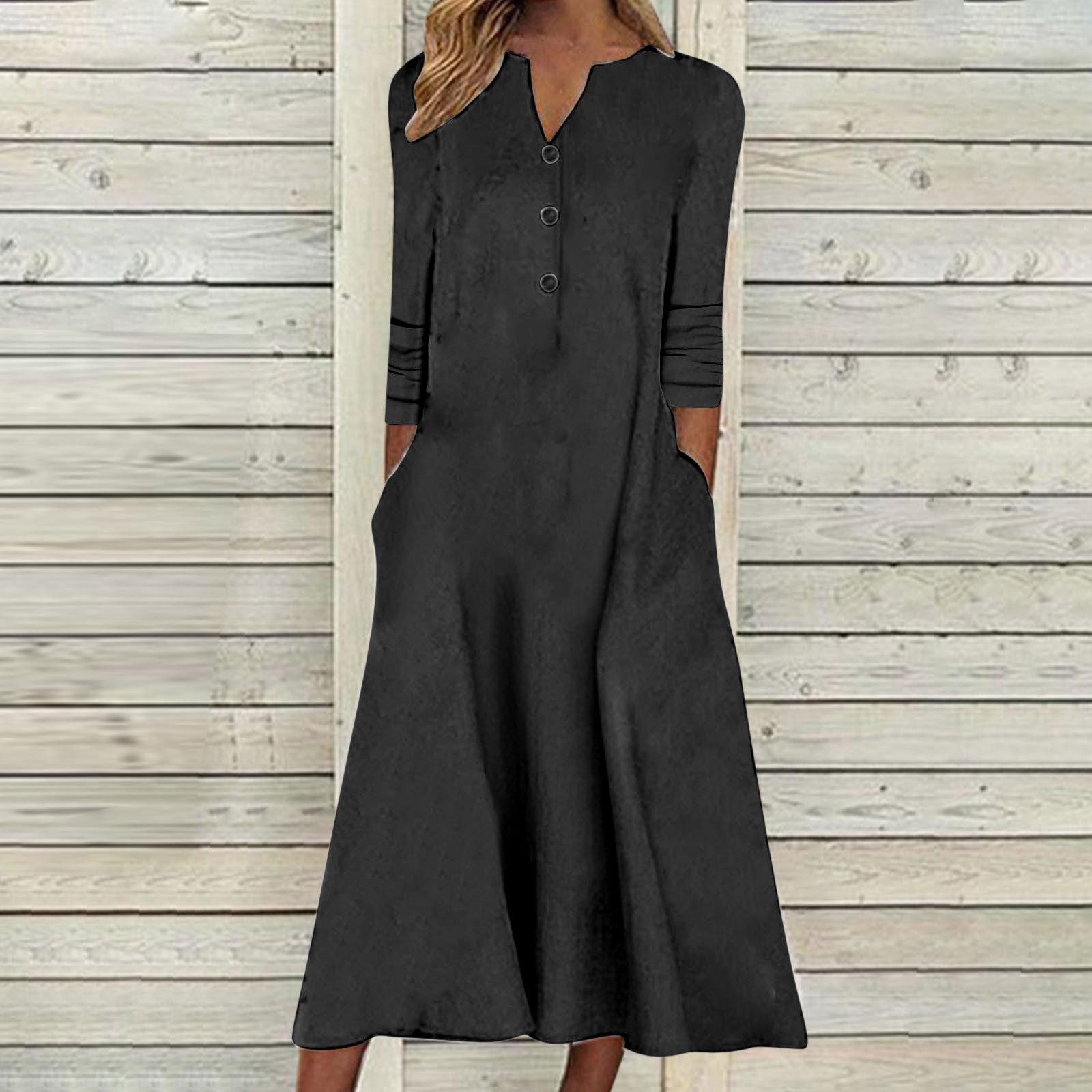 

Boho V Neck 3/4 Sleeve Floral Print Maxi Dress Casual Loose A Line Flowy Gradient Denim Style Button Front Beach Dress for Women XXL