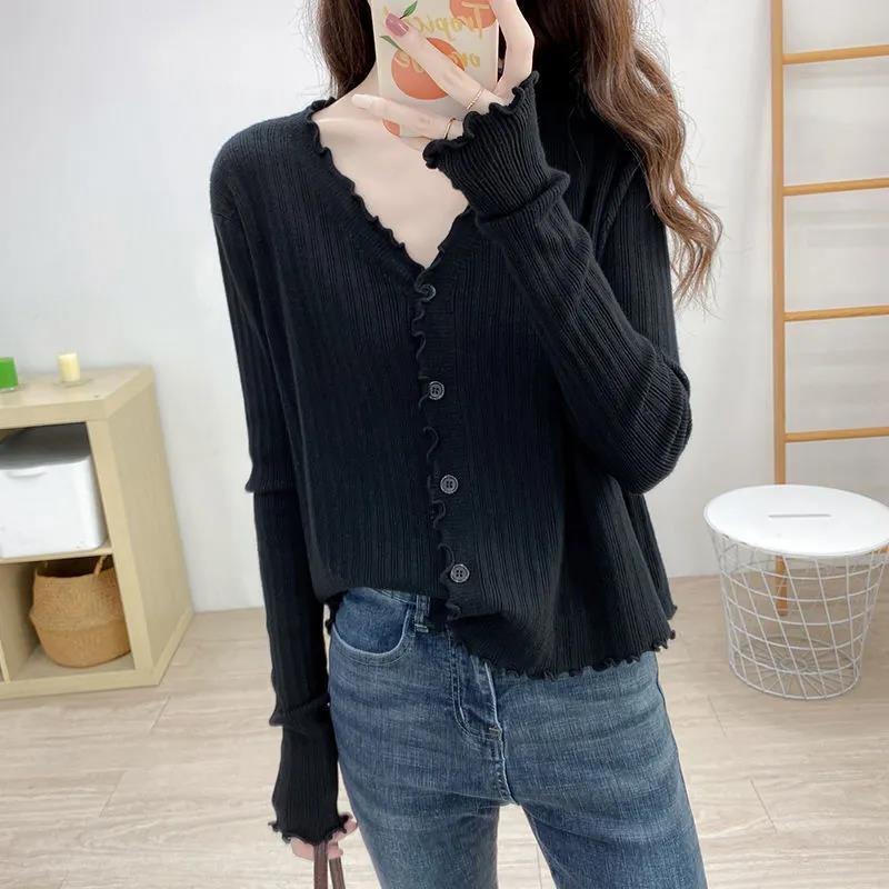 Autumn long-sleeved design sense niche top white fungus edge v-neck knitted cardigan sweater jacket bottoming shirt women
