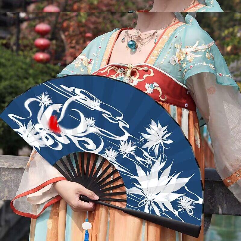 Summer Outdoor Decorative Folding Fan Bamboo And Wood Cloth Face Large Size Double-Sided Hand Fan Home Decoration Chinese Gift