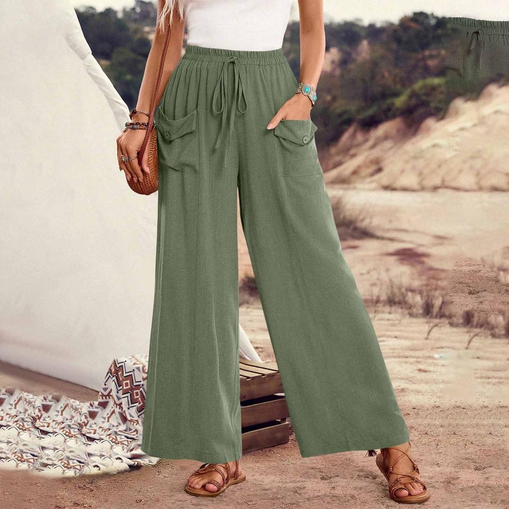 Women's Loose-Fit Casual Wide-Leg Pants With Pockets, Drawstring Waist, And Elastic Waistband