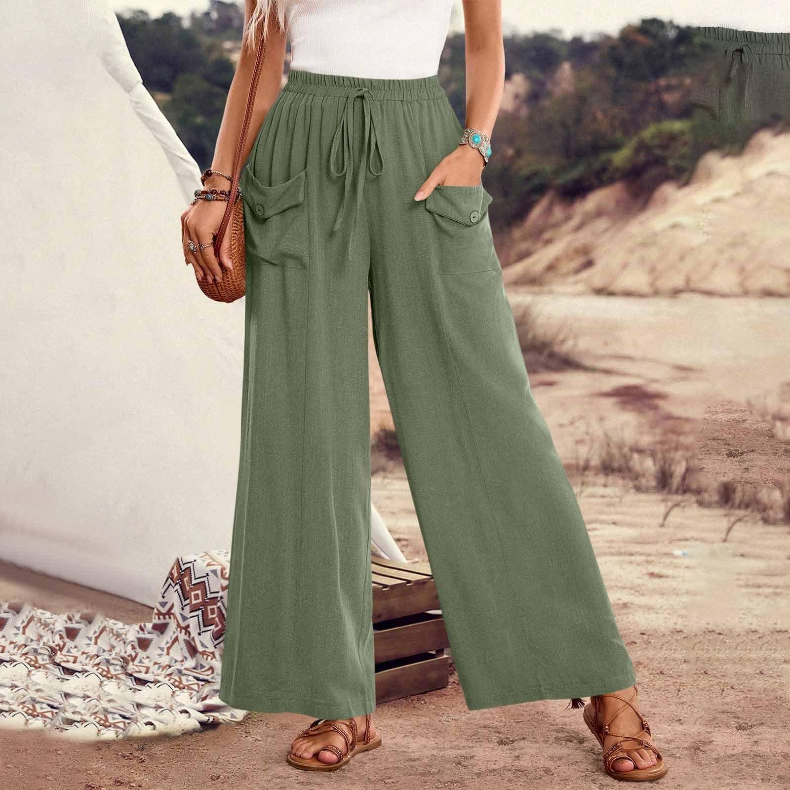 

Women s Loose-Fit Casual Wide-Leg Pants With Pockets, Drawstring Waist, And Elastic Waistband L зелений