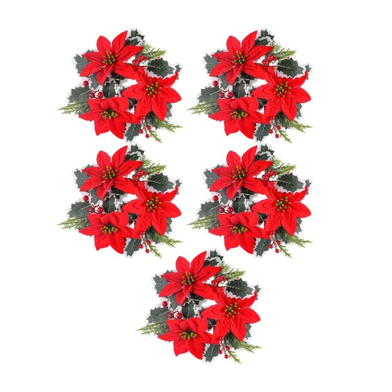 Holiday Elegant Centerpiece Flower Wreath Desktop Candle Stick Decoration For Christmas, 5Pieces Set