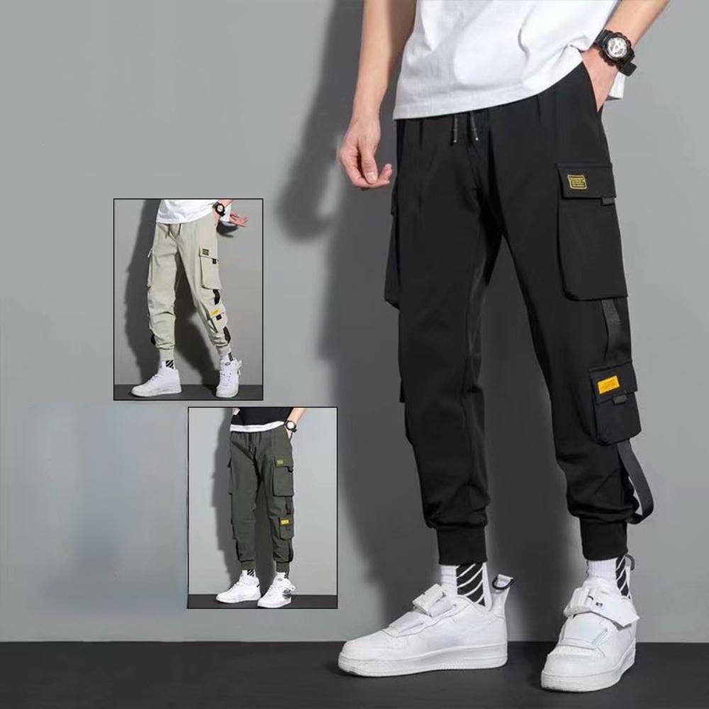 

Мужские брюки-карго для бега, модные брюки на шнурке, уличная одежда в стиле хип-хоп, повседневные спортивные брюки с несколькими карманами S чёрный
