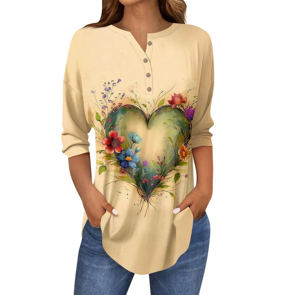 Tee Shirts For Women Fall Casual 3/4 Long Sleeve Button Shirts Sweatshirt Vintage  Top Pullover