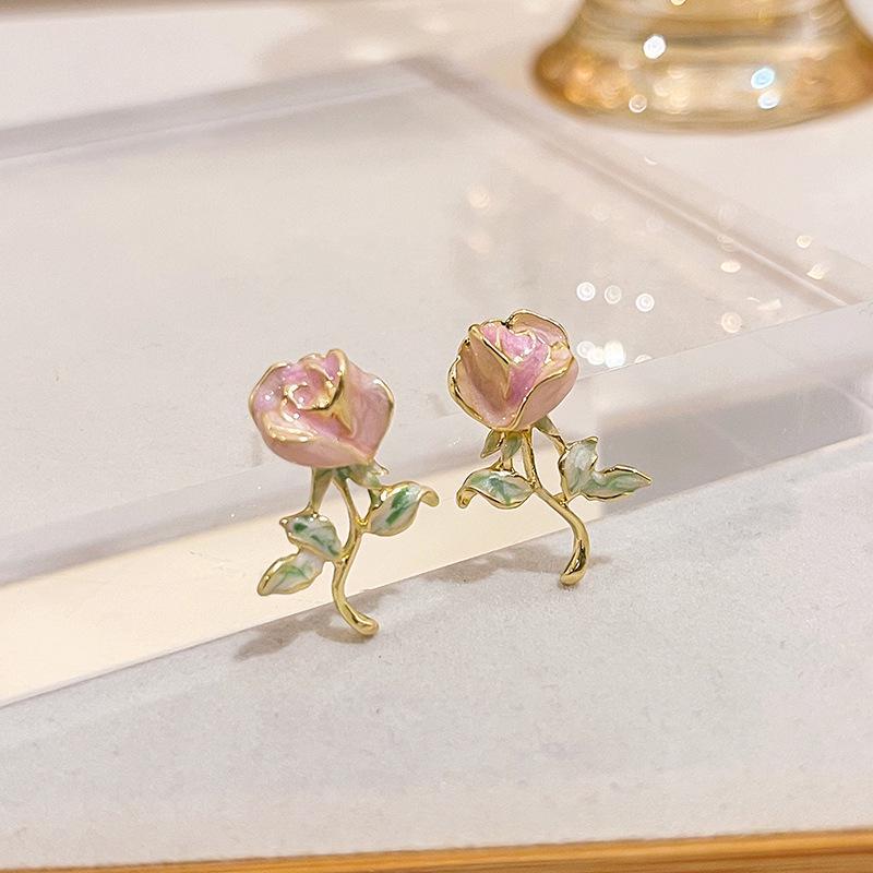925 Silver Needle Pink Rose Stud Earrings, Mori Style Floral Design for Women