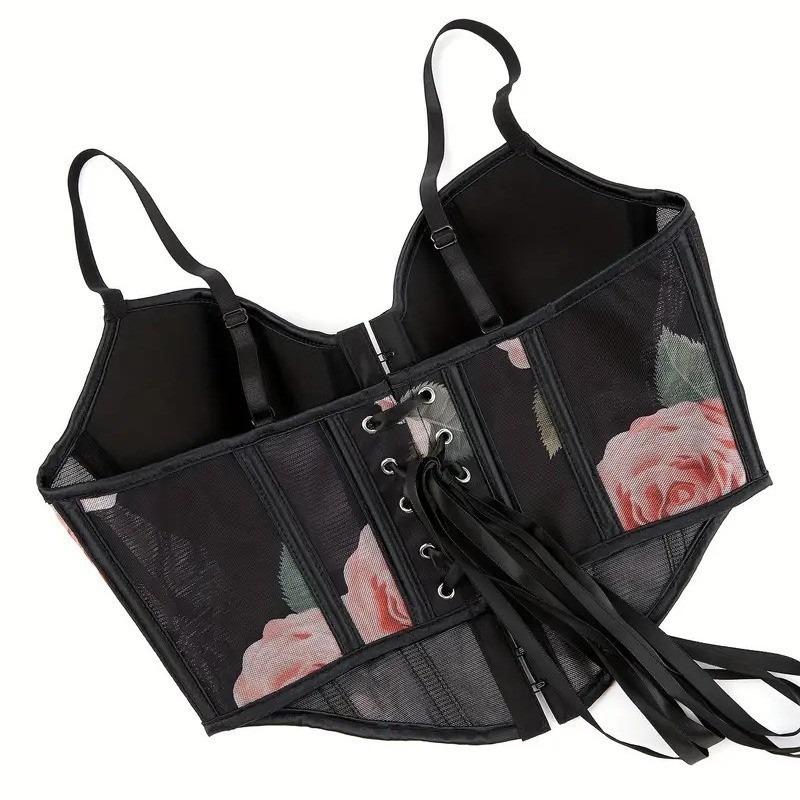 Mesh Rose Print Front Hook Corset Top Spaghetti Strap Bustier Crop Top for Women