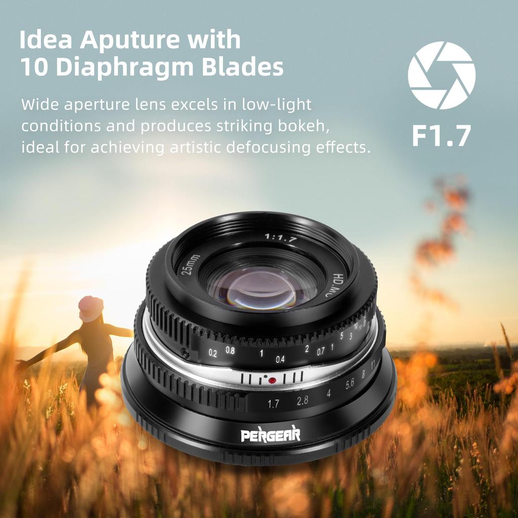 Pergear 25mm Large Aperture Manual Camera Compact and Ideal for Everyday Street and Landscapes F1.7 APS-C Lens, Lightweight, Photography, Portraits,