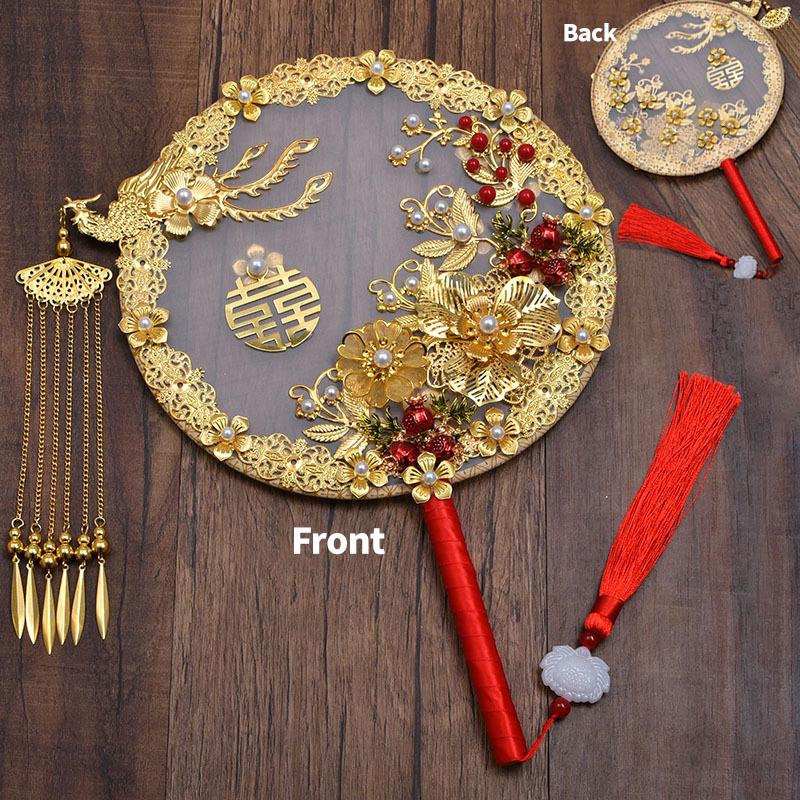 Vintage Chinese Wedding Dress Hanfu Decorative Fans Bridal Round Hand Fans Dragon Phoenix Handmade Gold Red Photography Fan Prop