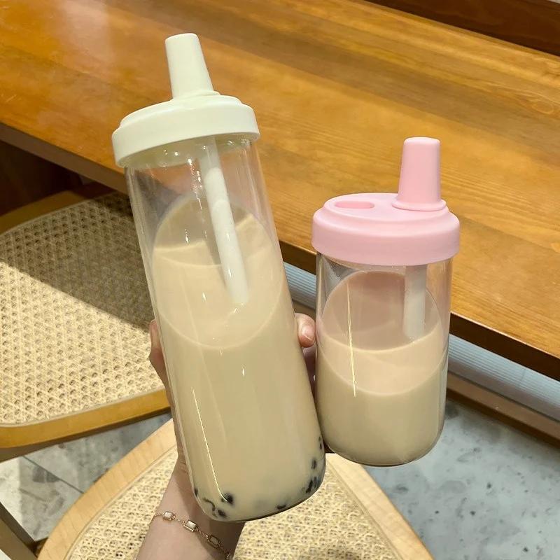 500/850ml Large Capacity Water Bottles Milk Juice Glass Cup with Lid Straw Bubble Tea Coffee Cups Drinkware Transparent