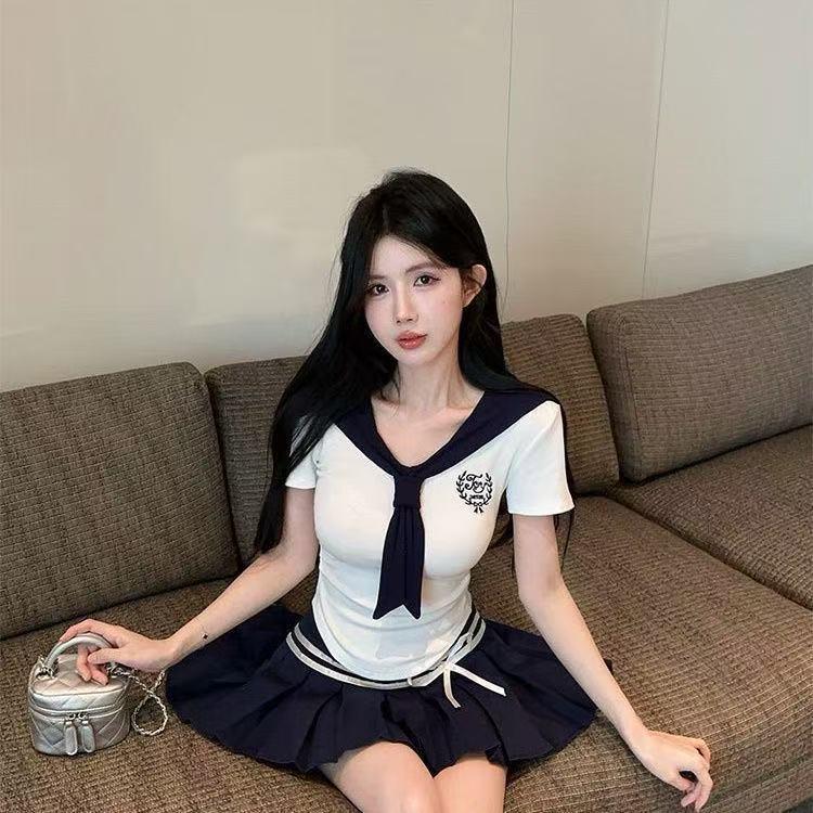 Women's Sailor Collar Embroidered T-Shirt & High-Waisted Pleated Skirt Set - Summer Short-Sleeve Style