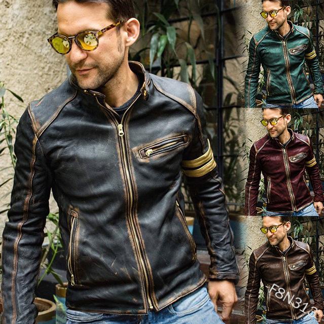 Autumn and winter new fashion slim stand-up collar locomotive leather jacket men FN