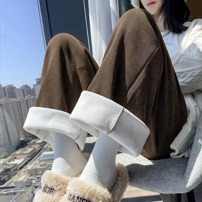Chenier Wide Leg Pants Women's Spring, Autumn and Winter Fleece Thickened Straight Narrow Casual Knitted Black Corduroy Pants