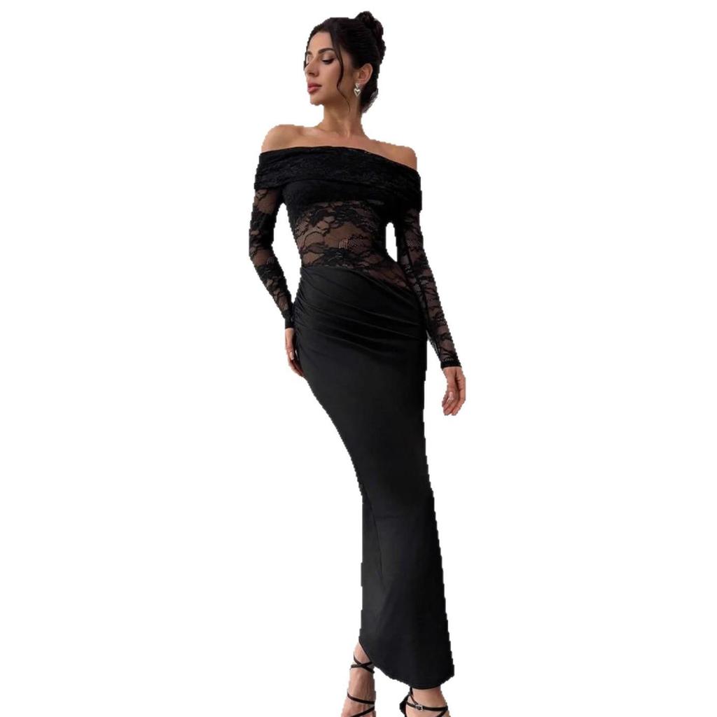 European & American Off-Shoulder Lace Long-Sleeve Dress - Sexy, High-End, Hip-Hugging Summer Style