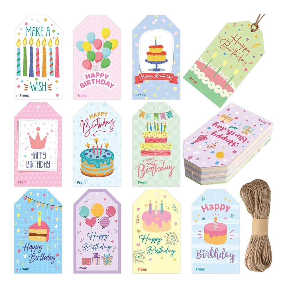 

60PCS Happy Birthday Hanging Tags Paper Cartoon Cake Balloons Message Card with Ropes Multicolor Greeting Note Tags