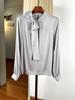 Women's Elegant Stand Collar Silk Bow Blouse, Long Sleeve, Mulberry Silk Ribbon, Commuting Style