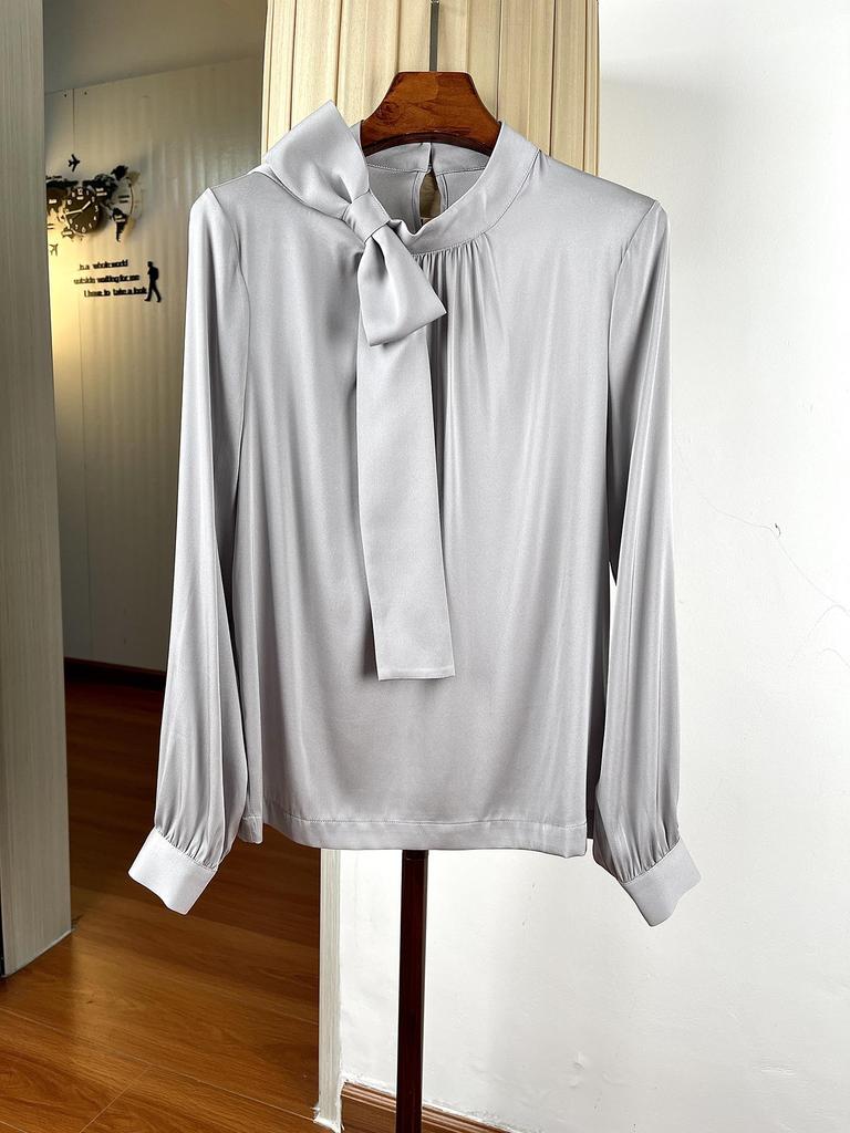 Women's Elegant Stand Collar Silk Bow Blouse, Long Sleeve, Mulberry Silk Ribbon, Commuting Style