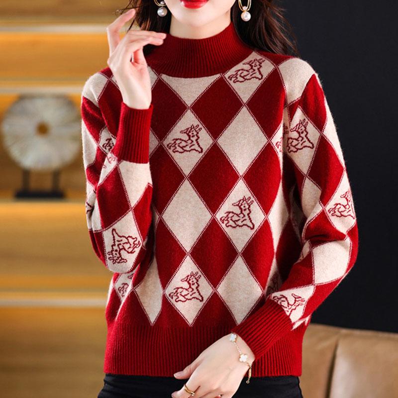 Fall/Winter Vintage Jacquard Sweater Women High Neck Knit Sweater Short Thick Loose Print Knitwear Top Jumper