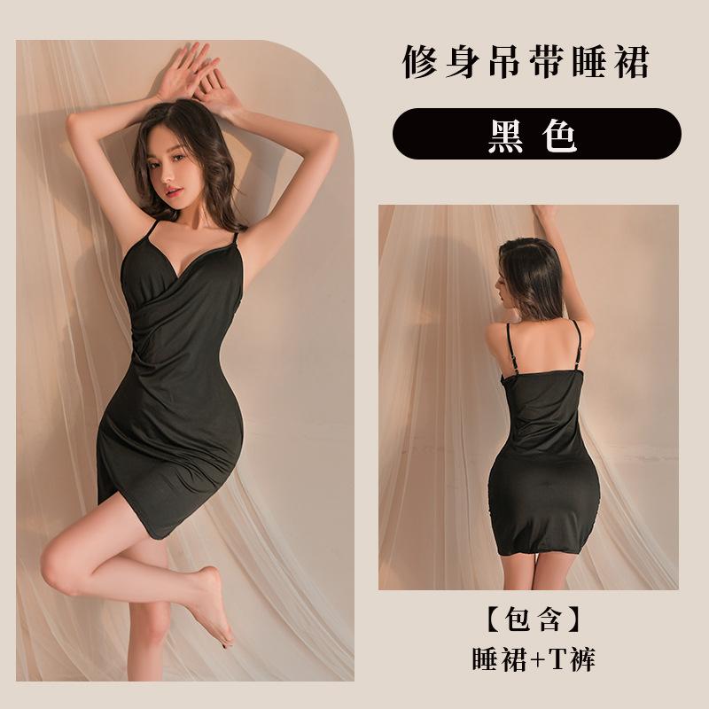 Sex Underwear Seduction Uniform Deep V-Neck Suspender Double Layer Overlap Dress Passion Women's Pajama Set