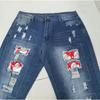 Womens Straight Fit Denim Jeans With Santa Appliqu Patch Distressed Ripped Detail