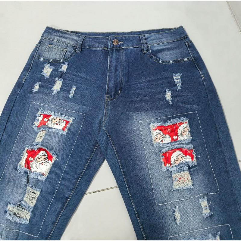 Womens Straight Fit Denim Jeans With Santa Appliqu Patch Distressed Ripped Detail