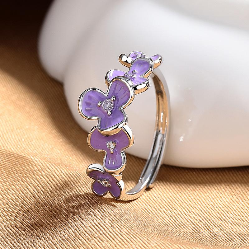 Cute Romantic Purple Four Leaf Zircon Flower Adjustable Rings for Women Gold Color Stainless Steel Jewelry Gift Anillos De Mujer