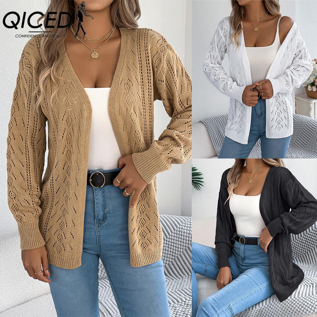 QICED Early Autumn Casual Hollowed-out Lantern Long-sleeved Cardigan Sweater Mid-length Coat Women's Wear