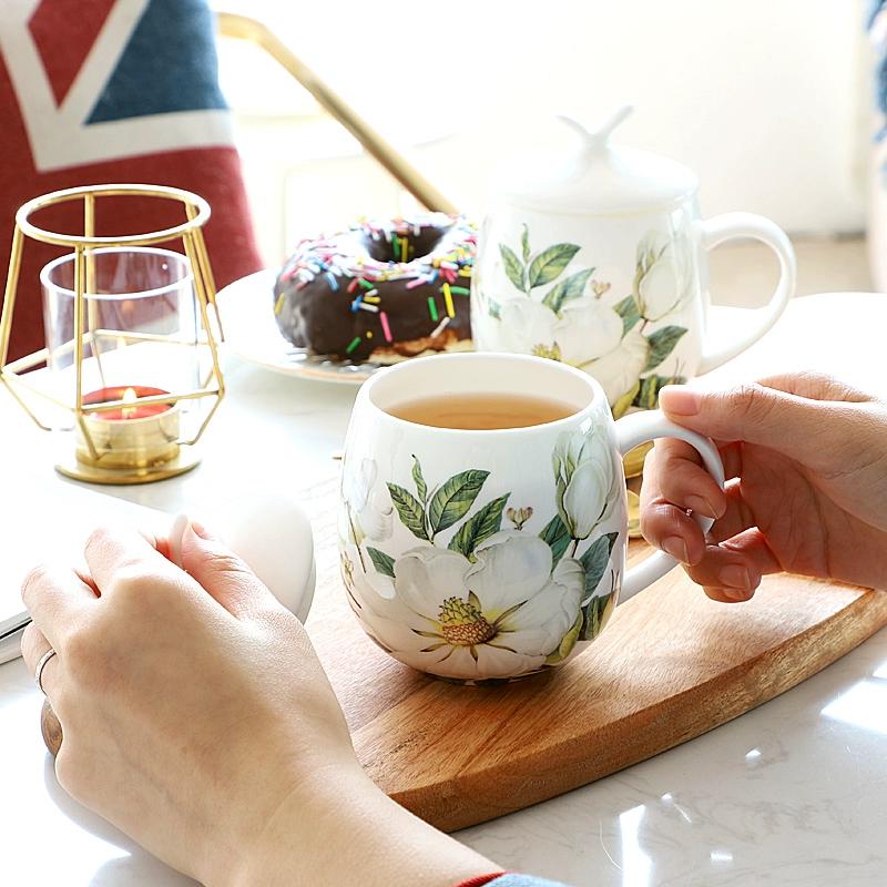 Hrnek z kostního porcelánu s víčkem a lžičkou, hrnek s velkým bříškem, 3 styly, keramický hrnek, roztomilé květinové hrnky, šálek na kávu 450 ml