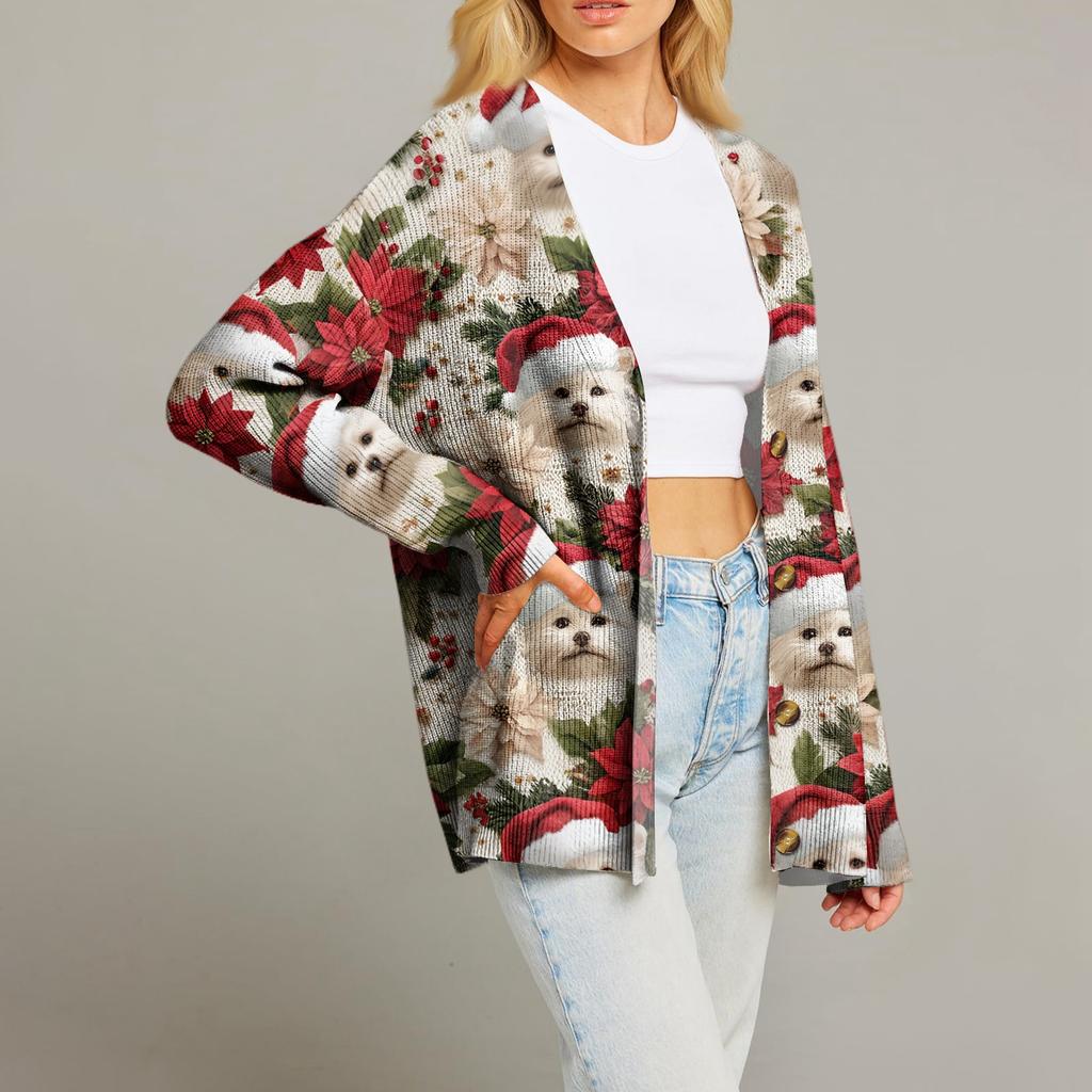 Women's Fashion Long Sleeve Christmas Print V-Neck Button Loose Cardigan Top