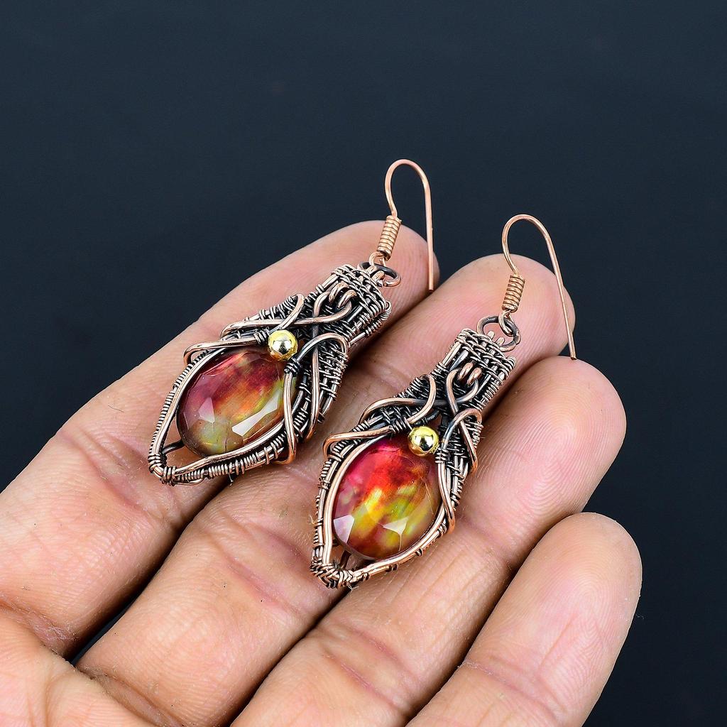 Ammolite Earrings Gemstone Jewelry, 999 Copper Wire Wrapped Handmade Earrings, Latest Design Jewelry