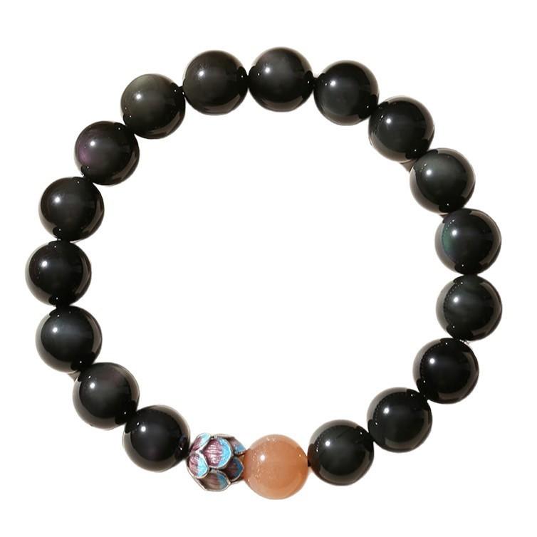 Obsidian Cloisonné Meditation Lotus Bracelet for Men and Women, Buddhist Bead Single-Loop Couple's Bracelet
