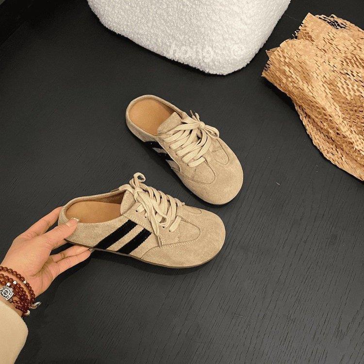 Spring and Summer Bag Head Half Slippers, Wearing Retro Heelless One Pedal Lace-up Lazy Casual Shoes