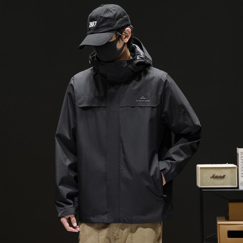 

Men s Light Gray Hooded Outdoor Jacket - Waterproof Windbreaker with Zipper Pockets XS чёрный