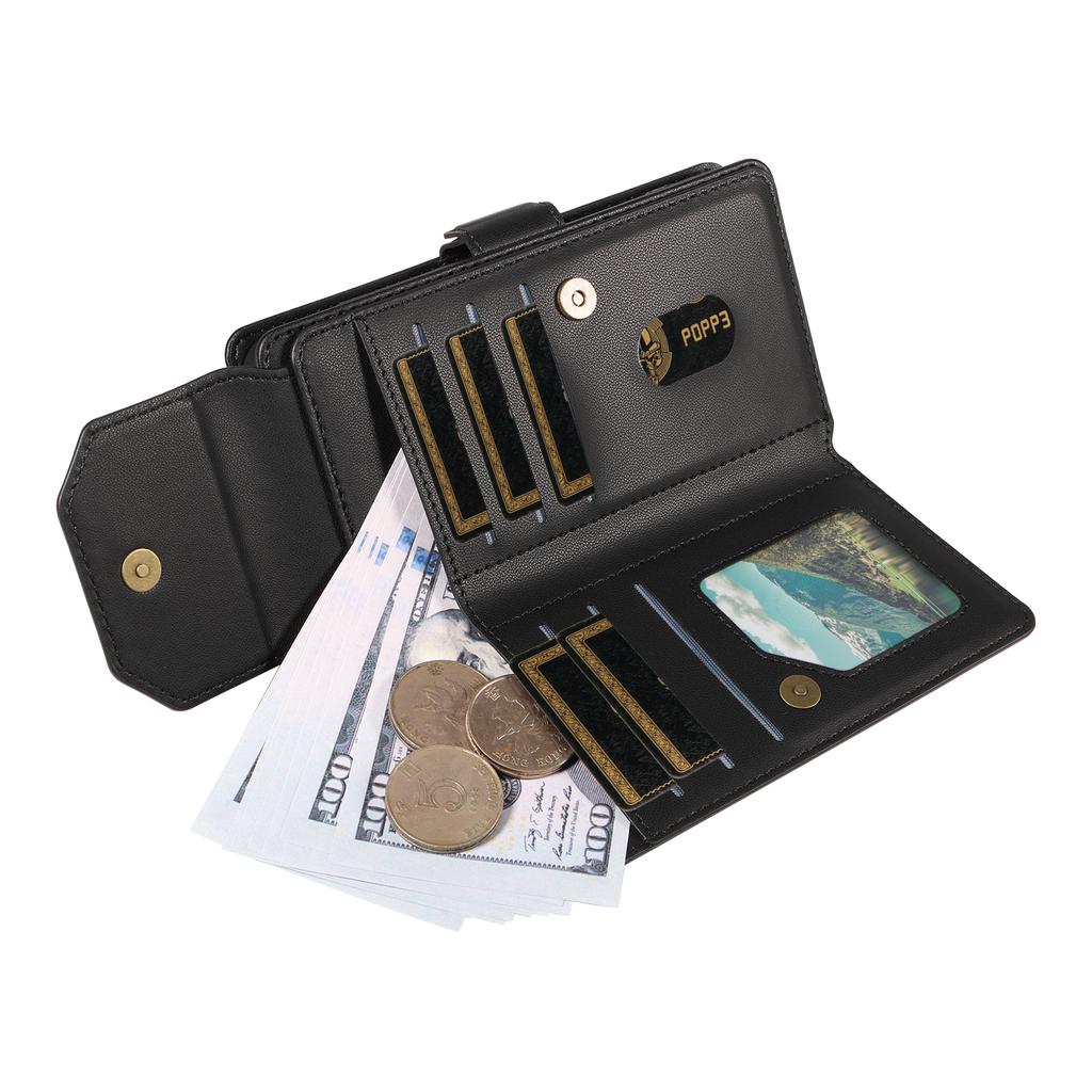 For iPhone 15 Pro Max Case with Multi-Card Holder and Strap PU Leather Phone Cover Stand