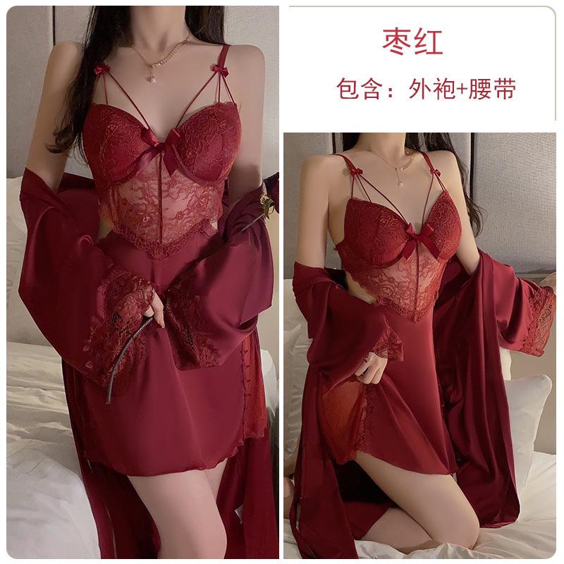 

Satin lace butterfly decoration plus chest pad steel ring gathering sexy backless nightdress robe set One size fits all