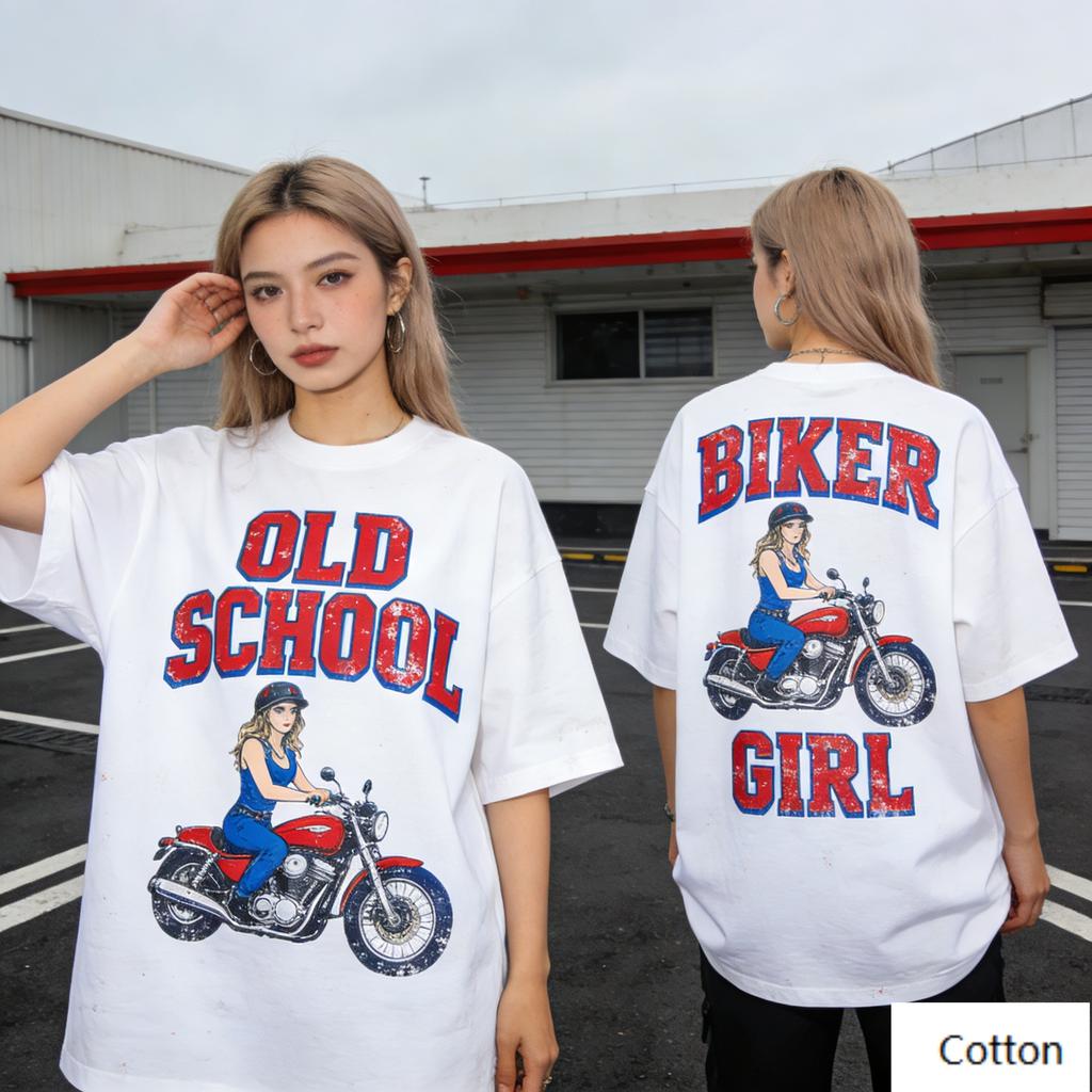 Vintage Retro Motorcycle Girl Graphic Cotton TShirt Retro Street Style Print with Cool Girl Classic Bike Design