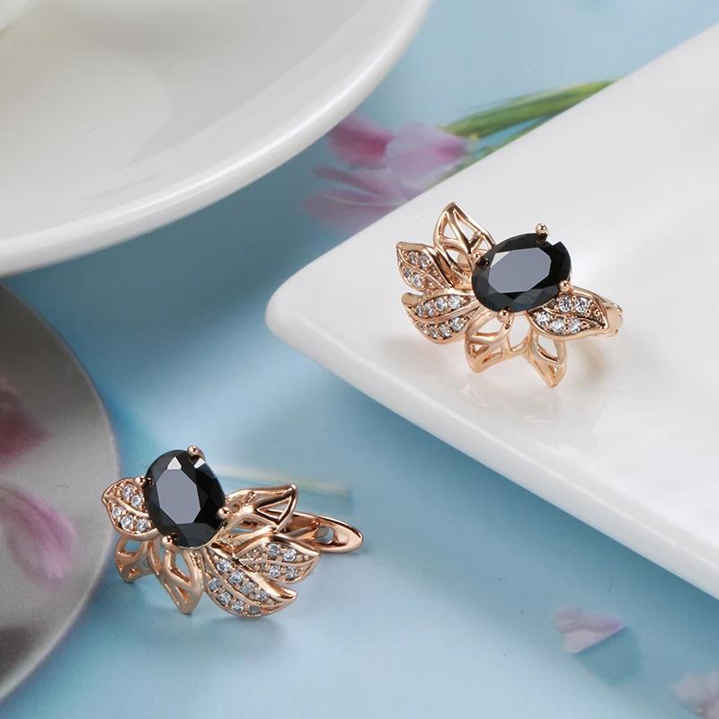Rose Gold Color Women Crystal Flower Earrings Black Natural Zircon Accessories Vintage Bride Daily Fine Jewelry
