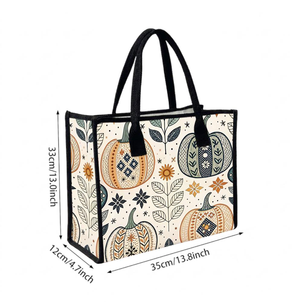 Bohemian Pumpkin Print Tote Bag Casual Canvas Shoulder Bag for Daily Use