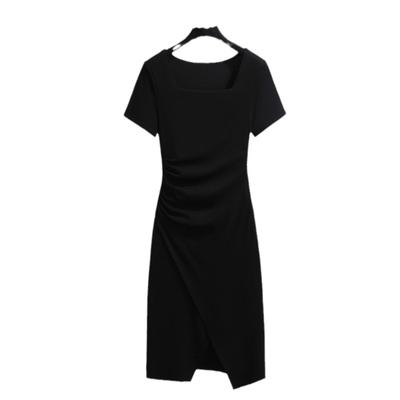Dress for Women's Neck Short-sleeved Slim One-step Skirt for Summer Korean Style Design Pleated Slit Skirt
