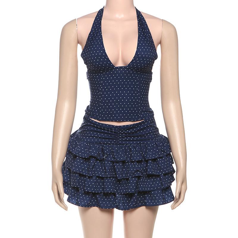European and American Spring Women's Clothing Pure Desire Sexy Hanging Neck Vest Slim Fit Polka Dot Wrapped Hip Short Skirt Set