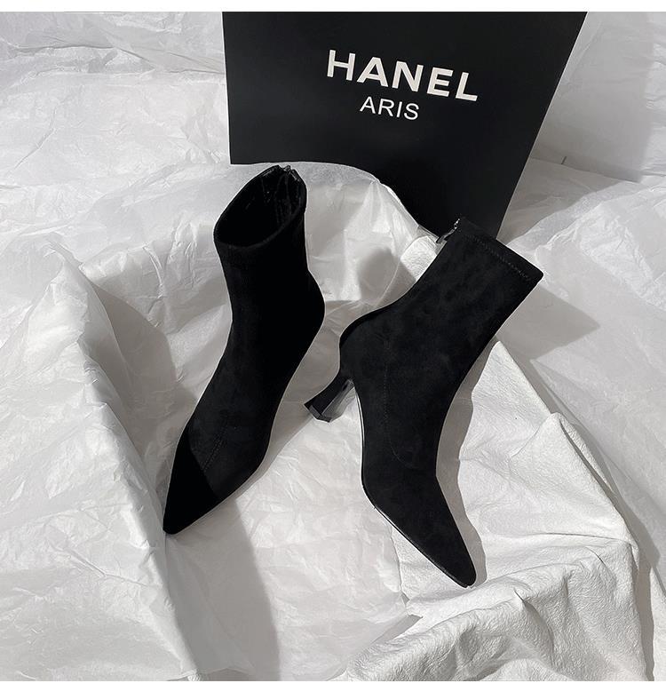 Brown Short Boots Women's High Heels 2025 Autumn and Winter New Versatile French Thin Heel Elastic Boots Suede Pointed Thin Boots