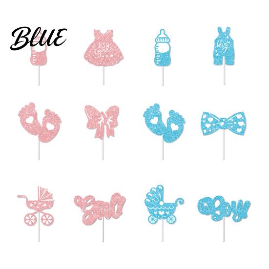 Glitter Paper Baby Theme Picks 12Pcs Boy Girl Birthday Cake Toppers Themed Cupcake with Party Supplies Bottle Stroller Bow Suit Cardboard