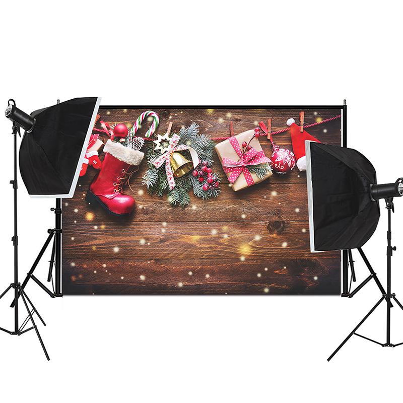 Christmas Wood Board Backgrounds for Photographs Plank Pine Branch Gifts Xmas Bells Winter Snow Family Party Photocall Backdrops