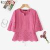 ZANZEA Women Casual V-Neck 3/4 Sleeve Loose Crochet Patchwork Blouse